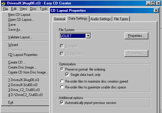 File Dropdown Menu and CD Layout Properties