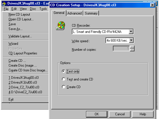 File Dropdown Menu and CD Creation Setup