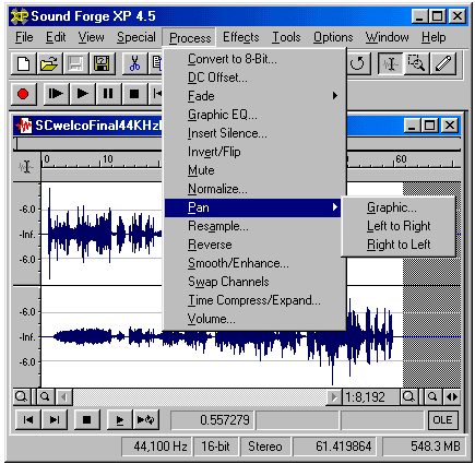 Sound Forge XP with Process Menu activated