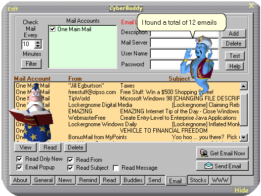 CyberBuddy Email tab with Agent Characters Merlin and Genie