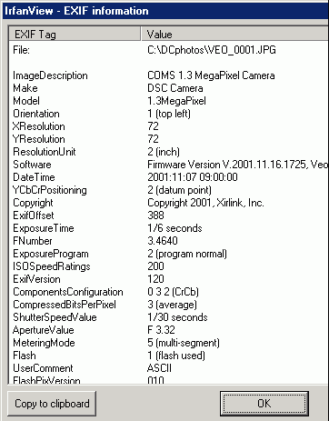 IrfanView EXIF Information screen