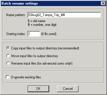 IrfanView Batch Rename Settings screen