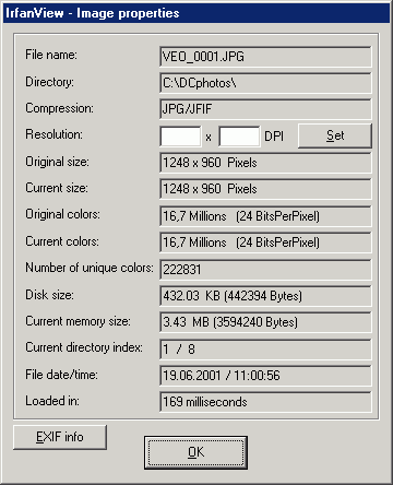 IrfanView Image Properties screen