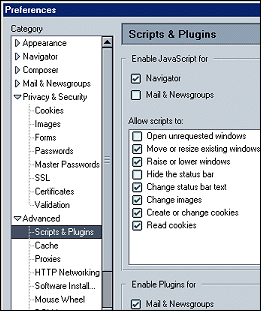 Mozilla Scripts and Plugins Preference Choices